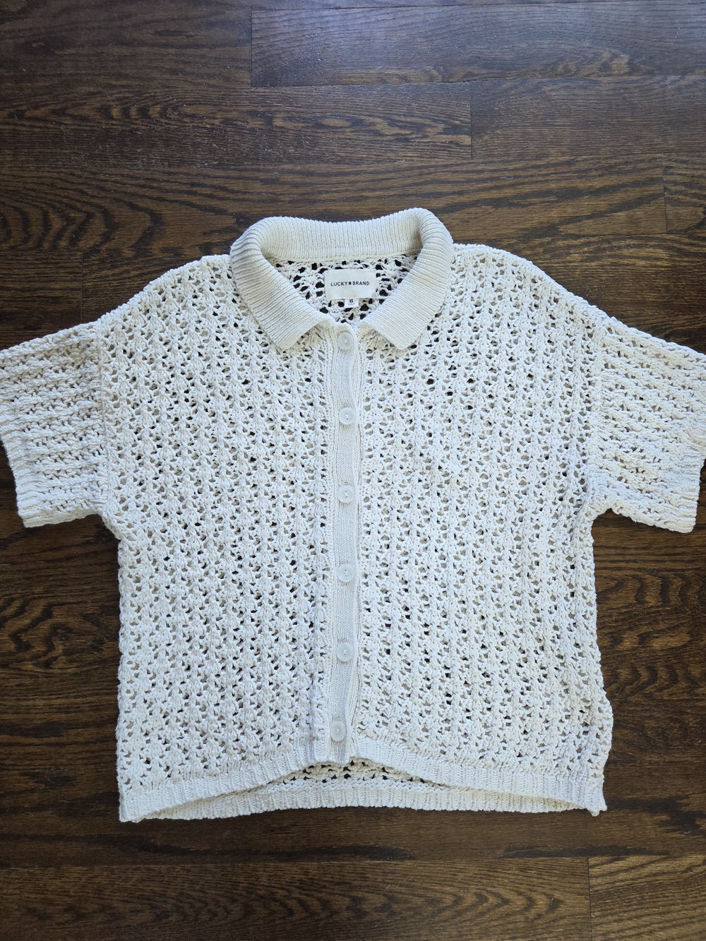 Lucky Brand Cream Open Knit Cotton Crochet Polo Cardigan Sweater Oversized XS